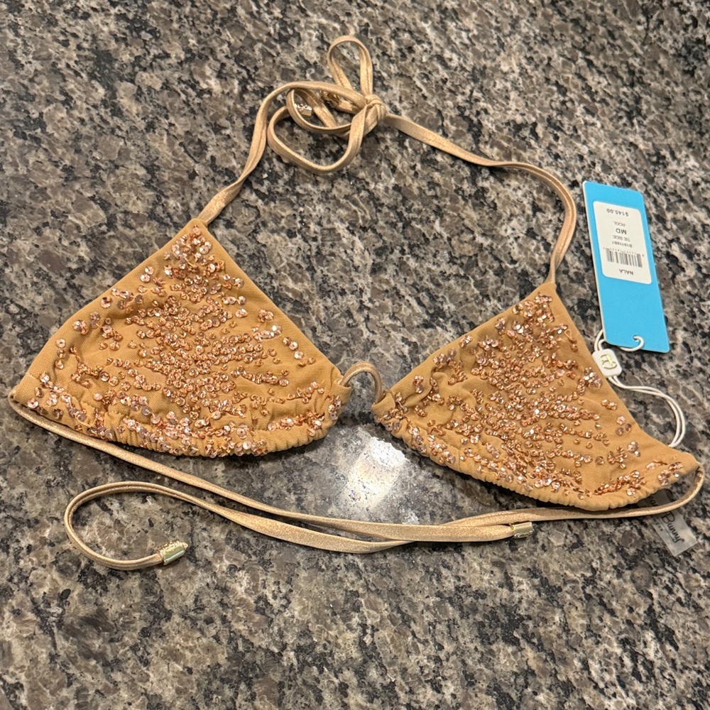 NWT Beach Bunny Gold Beaded Triangle Bikini Top